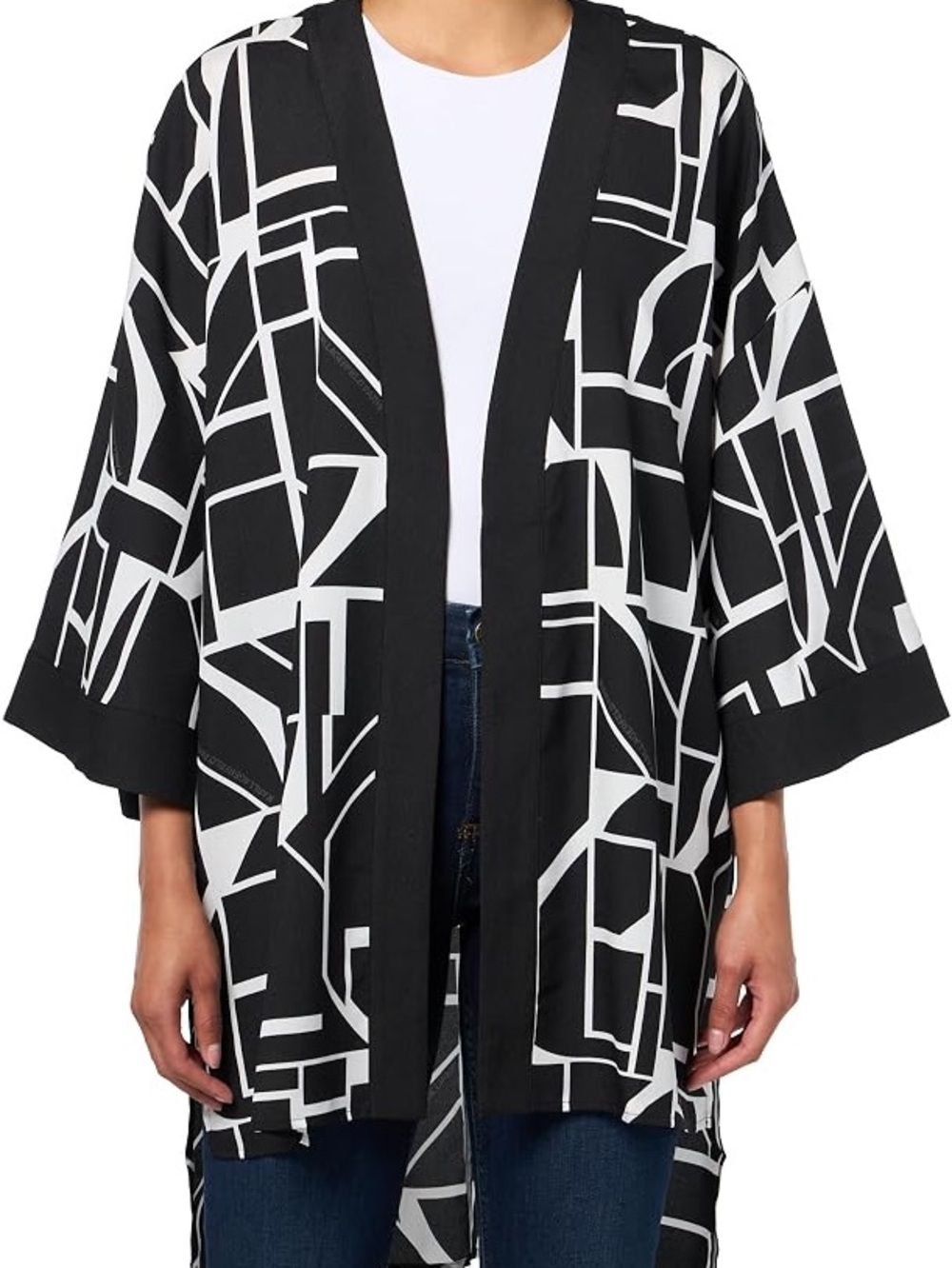 Women Karl Lagerfeld light satin crepe summer boho geometric black white kimono